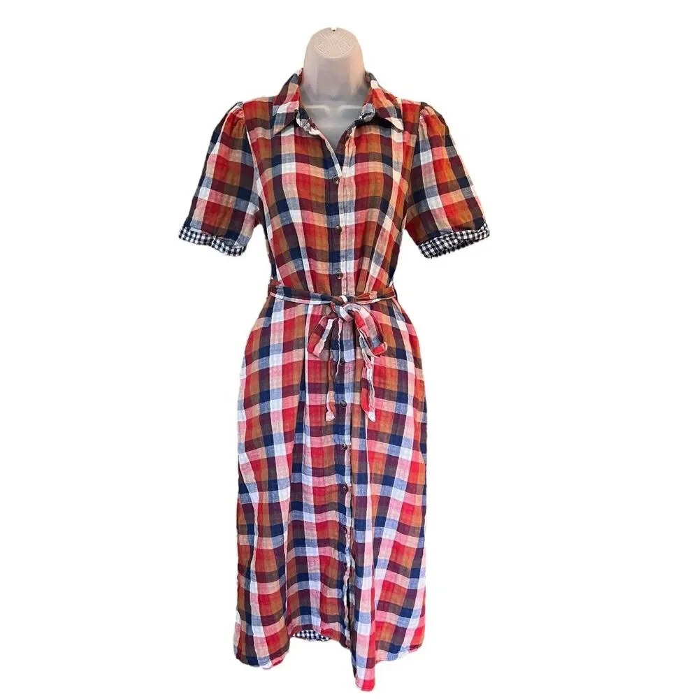 Jodifl Checkered Midi Shirt Dress w/Belt Sz Small Classic Academia Cottagecore - Picture 3 of 13